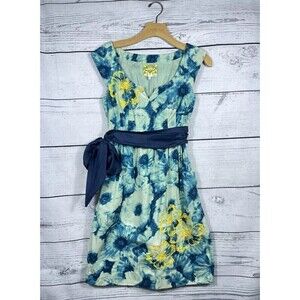 Floreat Anthropologie Women Size 4 Blue Dress Floral Poppies Shift Belt (30-488)